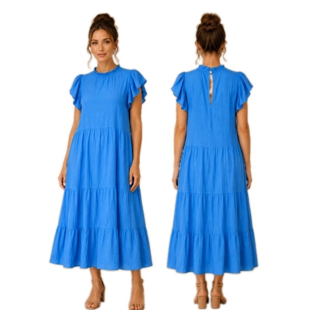 PINCH Blue Maxi Shift Layered Dress Flutter Short Sleeve Ruffle Neckline Size S